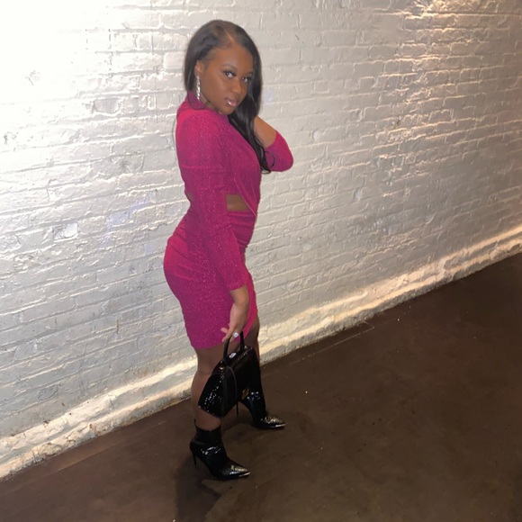 Ruby Pink Metallic Long Sleeve Cutout Dress - Picture 2 of 5